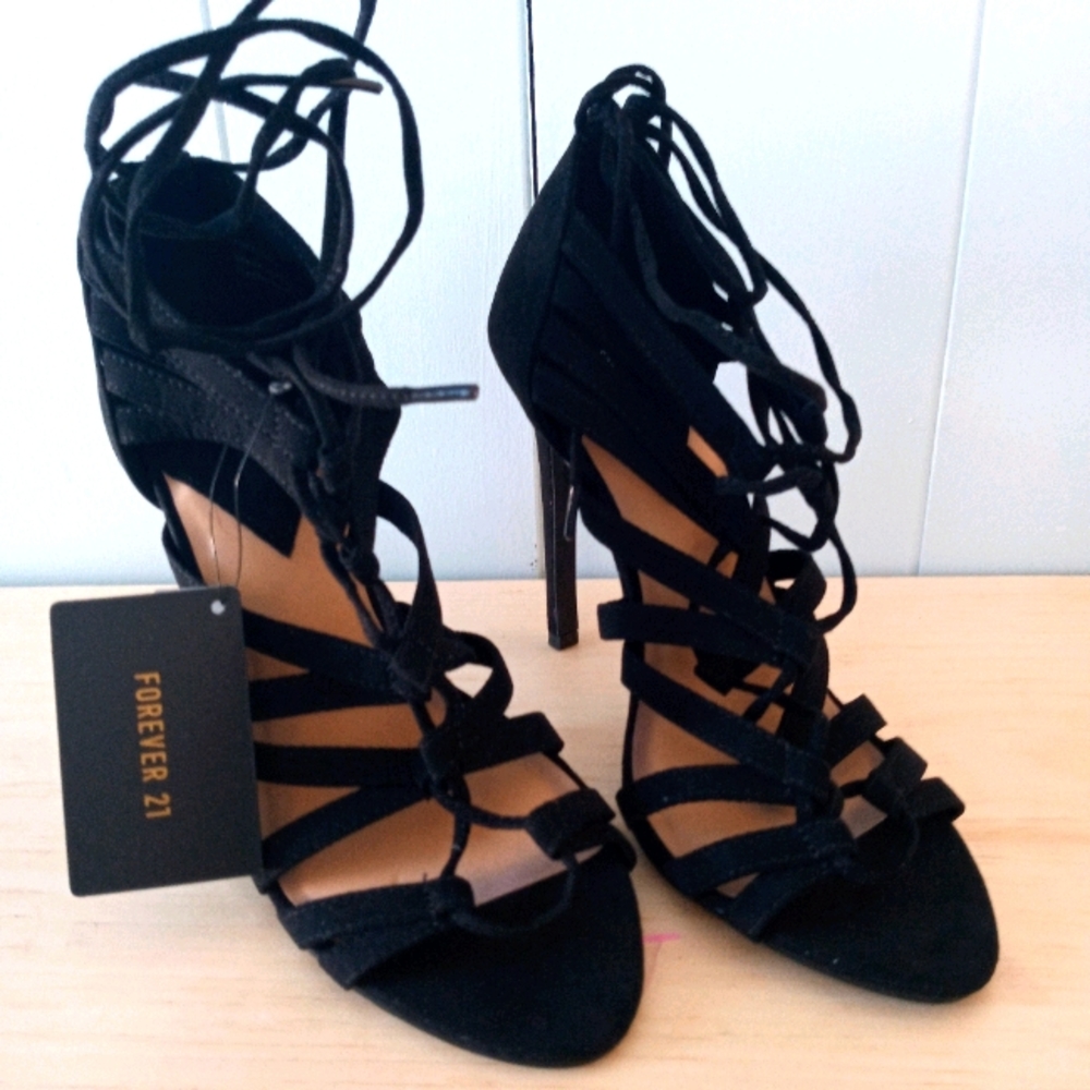 NWT Forever 21 Lace Up Black High Heels 6.5